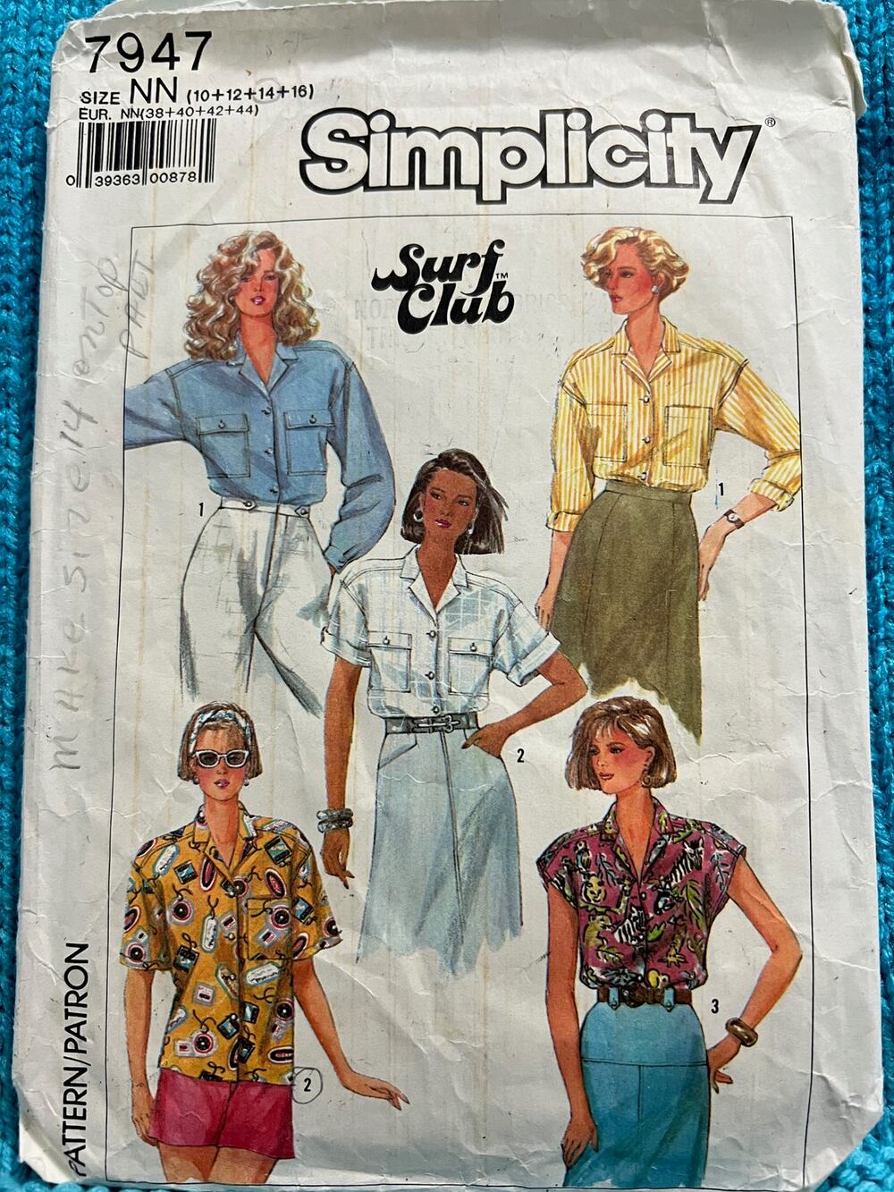 Simplicity 7947 Sewing pattern Button down shirt breast pockets size 10 12 14